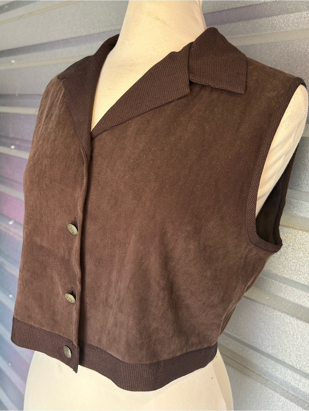 Brown Suede Cropped Button Front Vest